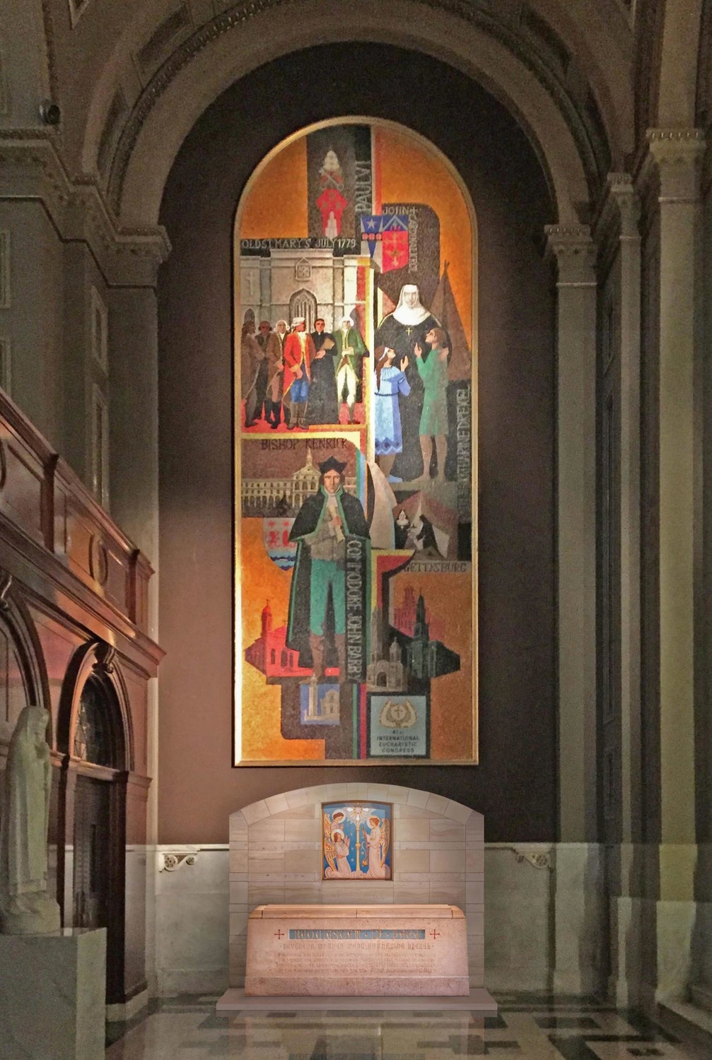 An artist’s rendering shows the design of St. Katharine Drexel’s tomb and its location at the rear of the Cathedral Basilica of Ss. Peter and Paul in Philadelphia. The work to relocate it from its current shrine in Bensalem, Pa., is being funded by the Connelly Foundation and expected to be completed in coming weeks. A dedication Mass will be celebrated Nov. 18.